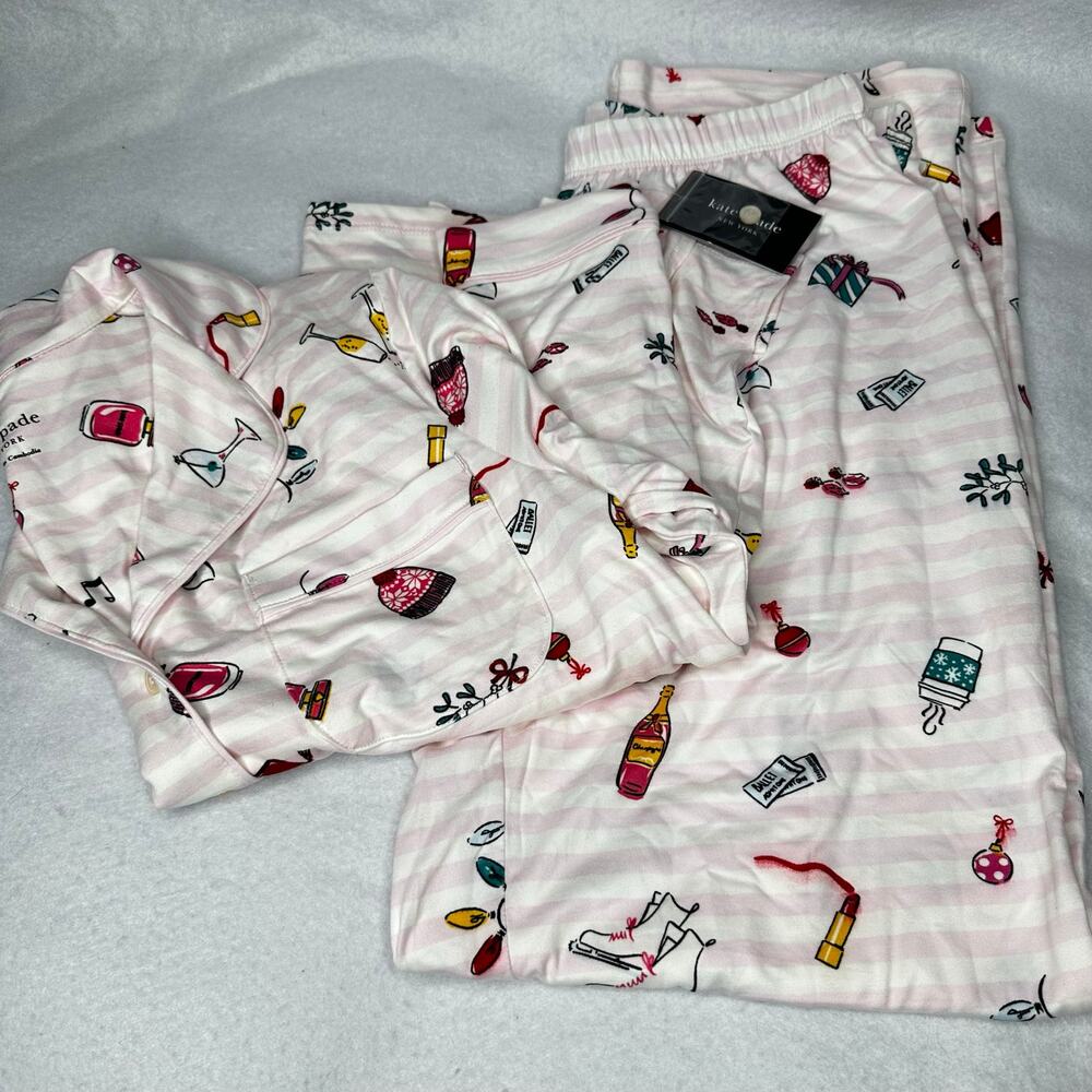Kate Spade Holiday Cheer Pajama Set Soft Knit Stripe Pink Size Medium NWT $78